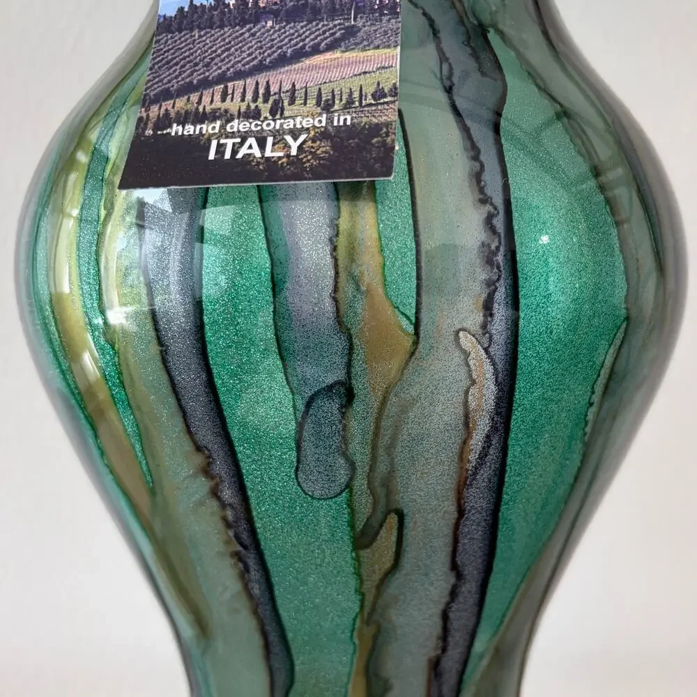 Italian Murano Art Glass Vase 14.5in Green Blue Gold Glitter Swirl Hand Blown